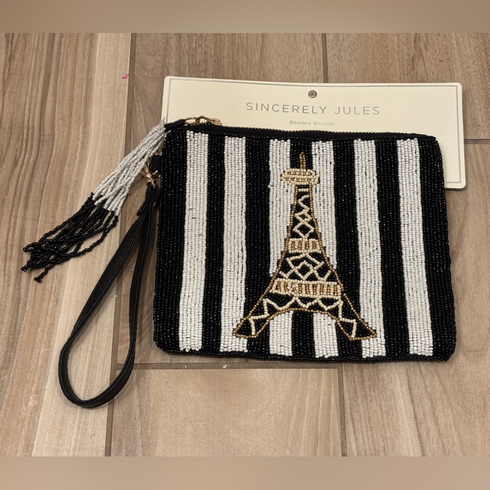 NWT Sincerely Jules Black and White Striped beaded Eiffel Tower Clutch wristlet